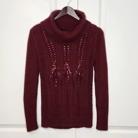 Talbots Sweaters - TALBOTS Burgundy Embellished Cable Knit Cowl Neck Sweater